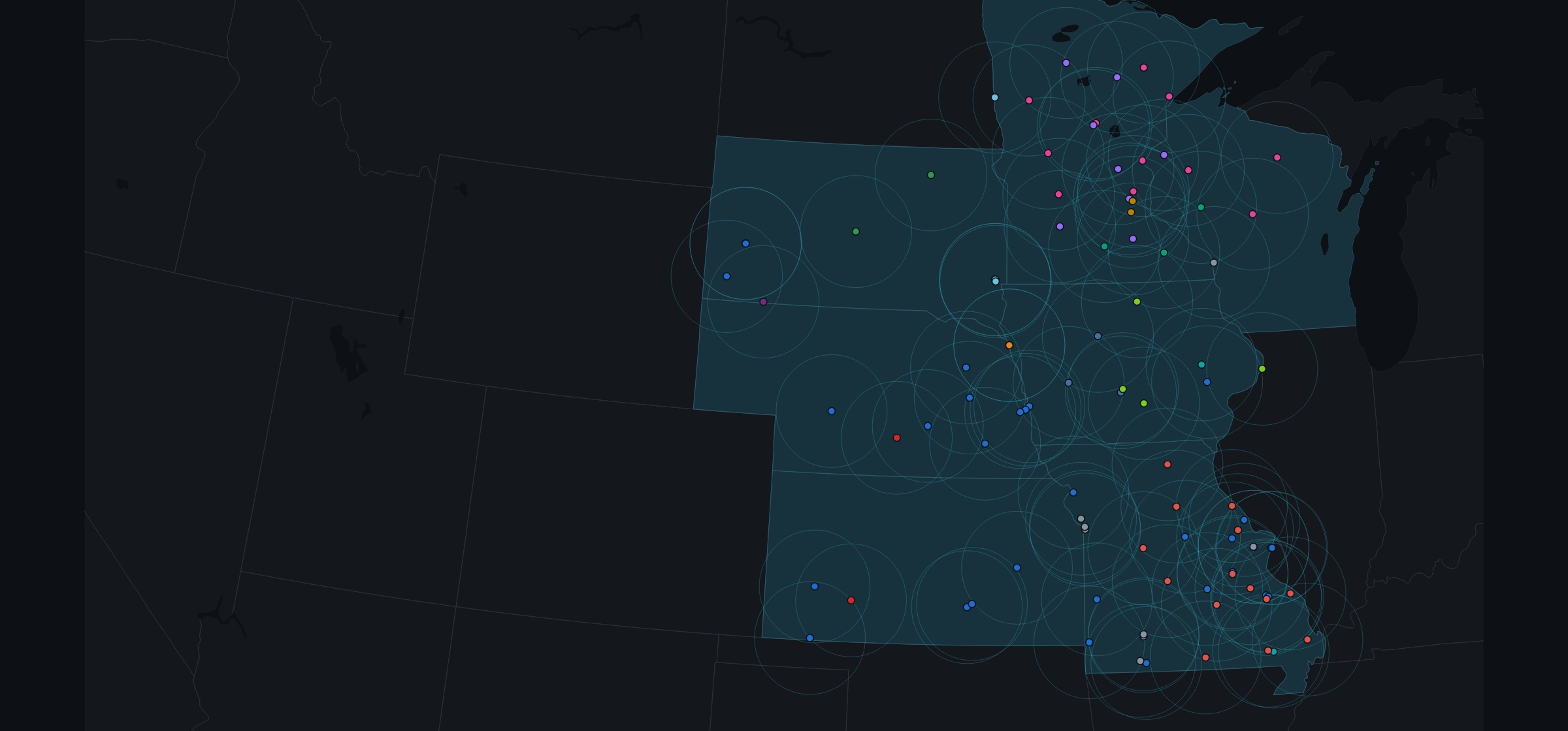 Map of the seven-state footprint showing 104 air medical bases and their response coverage
